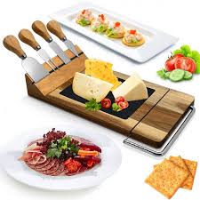 Nutrichef Pkczbd50 Bamboo Food Serving Food Slicer Platter Cheese Board Presentation Set With Built In Slicing Blade Slate Stone Slab