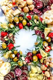 Arrange bocconcini mixture, cheeses, prosciutto, salami, pepperoni, artichoke hearts, olive, peppers, almonds and bread on platter or wooden cheese board. Antipasto Christmas Wreath Appetizer Foodiecrush Com