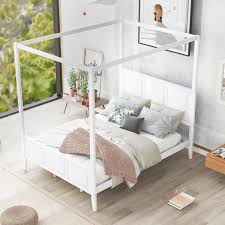 White Wood Frame Queen Size Canopy Bed