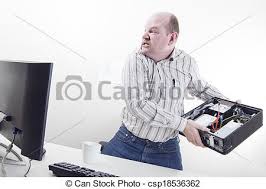 Angry businessman with computer problems. Office worker / businessman with  computer problems throw his pc. | CanStock