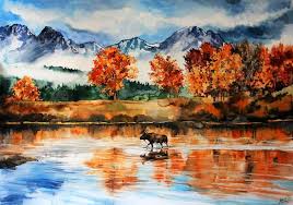 Artistic Watercolor Elk Fall Lake