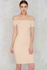 Nasty gal Tori Ribbed Off the shoulder Dress Nude in Natural Lyst