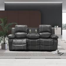 J E Home 78 4 In W Rolled Arm Mid Century Modern Faux Leather Straight Reclining Sofa With Flippable Middle Backrest In Gray