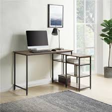 Corner computer desk with shelves. Home Office L Shaped Corner Computer Desk With Open Shelf Brown