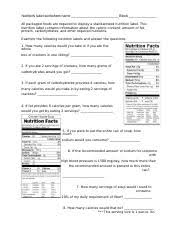 nutrition label worksheet nutrition