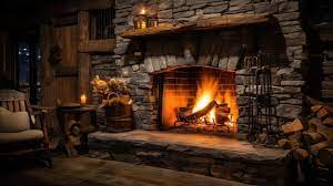 A Roaring Fire In A Stone Fireplace