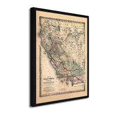 1876 California Map Poster Framed Vintage California Wall Art History Map Of California Poster Framed California Map Showing Southern Pacific