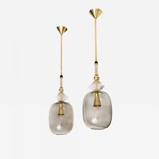 Pair Of Smoke Murano Glass And Brass Pendant Lights Italy