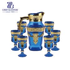 blue colored crystal glass pitcher set