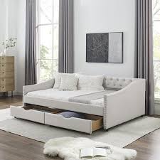Angel Sar Beige Full Size Daybed With Drawers Upholstered Tufted Sofa Bed With On On Back And Copper Nail On Waved Shape Arms