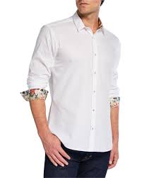 Mens Long Sleeve Solid Jacquard Sport Shirt In White