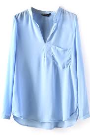 Light Blue Long Sleeve Pocket Chiffon Blouse Beautifulhalo Com
