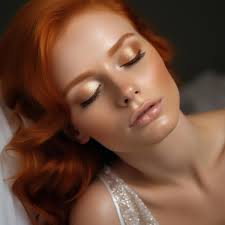 a woman with red hair and gold eyeshadow
