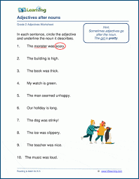 A person, place or thing. Adjectives After Nouns Worksheets K5 Learning