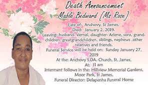 What is a death announcement card? Death Announcement Mable Bedward Delapenha Funeral Home Facebook