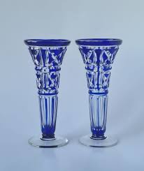 Vintage Bohemian Glass Blue Vases X2