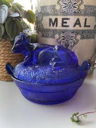 Vintage Blue Glass Cow Er Dish