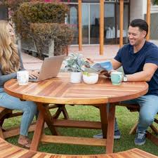 Redwood Round Folding Picnic Table With