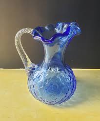 Blue Hand Blown Glass Jug Vase Blue
