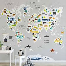 Fun Animals Grey World Map Wallpaper Mural