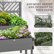 outsunny 2 tier raised garden bed with trellis wooden elevated planter box with legetal corners for vegetables flowers herbs gray
