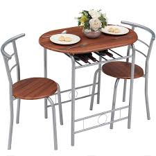 Vecelo 3 Piece Wooden Round Table Chair Set For Compact Space W Steel Frame Built In Wine Rack 31 5 Lx21 Wx29 9 T Brown