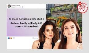 The nomination of nita ambani, founder and chairperson of reliance foundation, is an i am looking forward to the opportunity to contribute in meeting the goals of ioc,'' said ms. No Nita Ambani Did Not Pledge To Help Kangana Ranaut Rebuild Her Studio