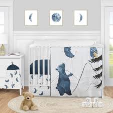 Sweet Jojo Designs Woodland Bear And Owl Baby Boy Girl Nursery Crib Bedding Set 4 Pieces Navy Blue Grey Gold And Black Celestial Moon Star