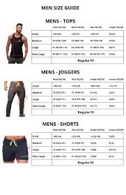Sizing Chart Performance Gym Apparel Jed North