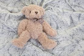 Little Brown Teddy Bear On Grey Bed