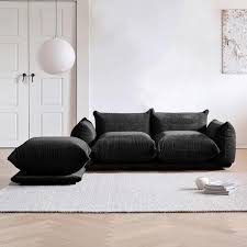 Magic Home 77 16 In Luxury Wide 2 Seater Minimalist Sofa Couch Set Lovesofa Chenille Floor Level Sofa With Ottoman Black