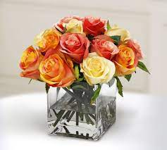 Faux Rose In Square Glass Vase