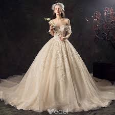 Audrey Hepburn Style Champagne Wedding Dresses 2019 Ball Gown Off The Shoulder Lace Flower Sequins Short Sleeve Backless Royal Train