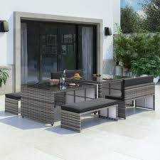 This collections presents commercial outdoor benches. 8 Seater Rattan Dining Set With Extendable Table And Benches Grey Furniture123