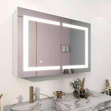 Modern 36 In W X 24 In H Silver Metal Framed Wall Mount Recessed Bathroom Medicine Cabinet With Mirror Led Anti Fog