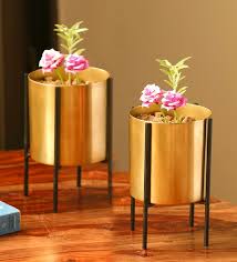 golden cylindrical planter pots