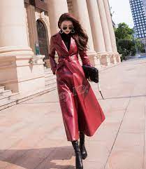 Extra Long Faux Leather Trench Coat For