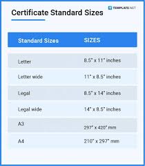 certificate size dimension inches