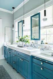 Add style and functionality to your space with a new bathroom vanity from the home depot. Island Blue Bath Vanity Cabinets With Aqua Blue Hex Floor Tiles Transitional Bathroom