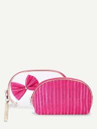 bow embellished striped makeup bag 2pcs