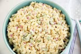 Authentic hawaiian macaroni salad in a blue bowl with wooden. Classic Macaroni Salad Southern Bite