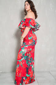 Sexy Red Floral Print Off The Shoulder Plus Size Maxi Dress