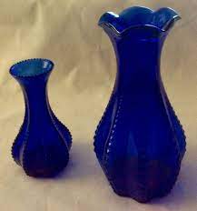 2 Cobalt Blue Ribbed Scalloped Rim Vase