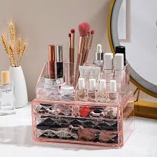 pink plastic tiered makeup organizer