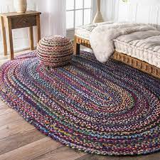 blue plain hand braided cotton oval rag rug