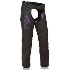 Milwaukee Leather Womens Textile Chaps W Tribal Embroidery Reflective Detail Purple
