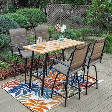 Phi Villa Black 5 Piece Metal Rectangle Outdoor Patio Bar Set With Wood Look Bar Table And Padded Swivel Bistro Chairs