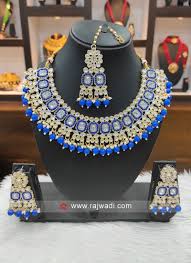 designer gold plated blue necklace set