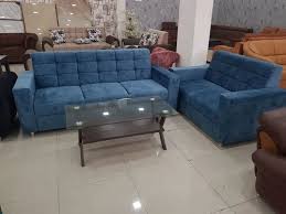 wooden modern velvet two blue sofa set