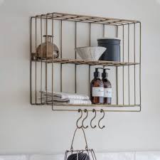 Antique Brass Wire Shelf With Hooks
